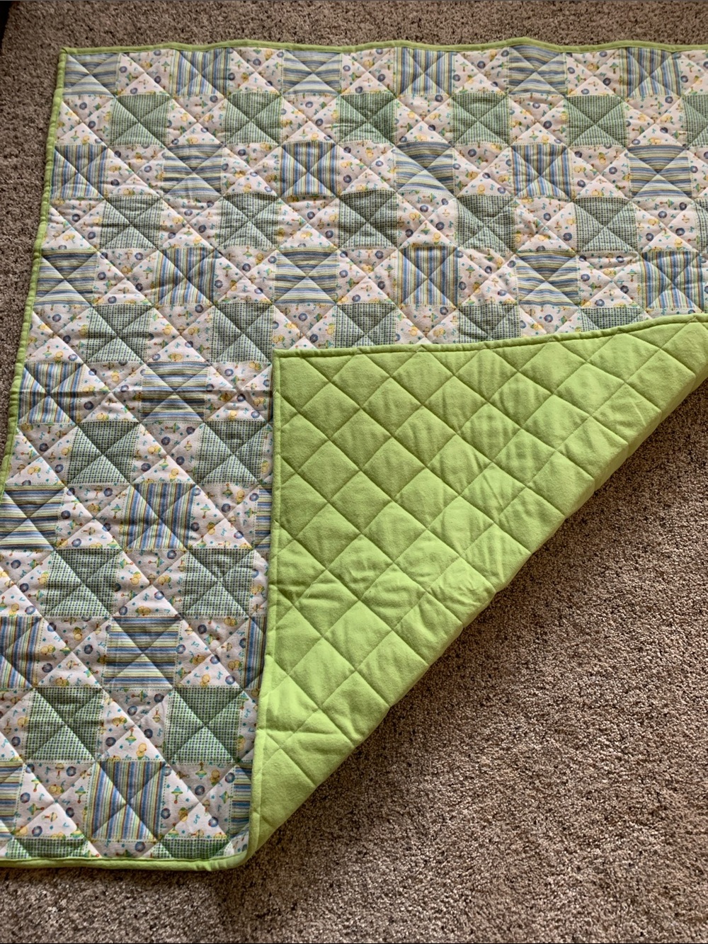 Green Patchwork Baby Quilt - Soft Floral & Stripe Nursery Quilt - Picture 3 of 3